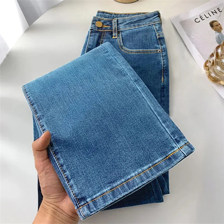 Women's High Waist Straight Jeans Spring Vintage Casual Ankle-length Denim Pants Korean Pantalones Streetwear Stretch Vaqueros