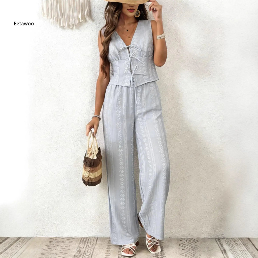 Women Multi Color Eyelet Lace 2 Piece Outfit Sleeveless V Neck Tie Front Crop Top Wide Leg Pants Summer Casual Set