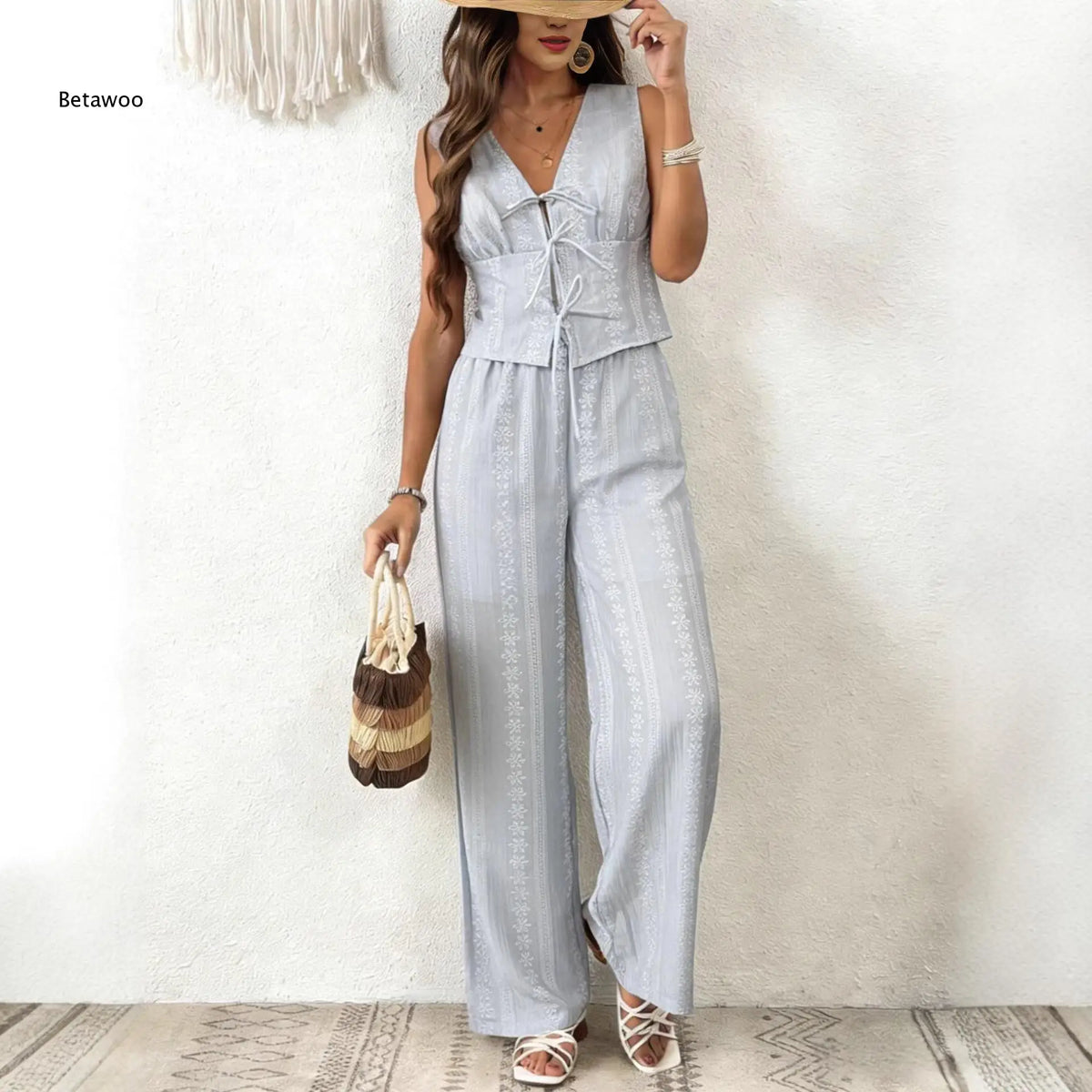 Women Multi Color Eyelet Lace 2 Piece Outfit Sleeveless V Neck Tie Front Crop Top Wide Leg Pants Summer Casual Set