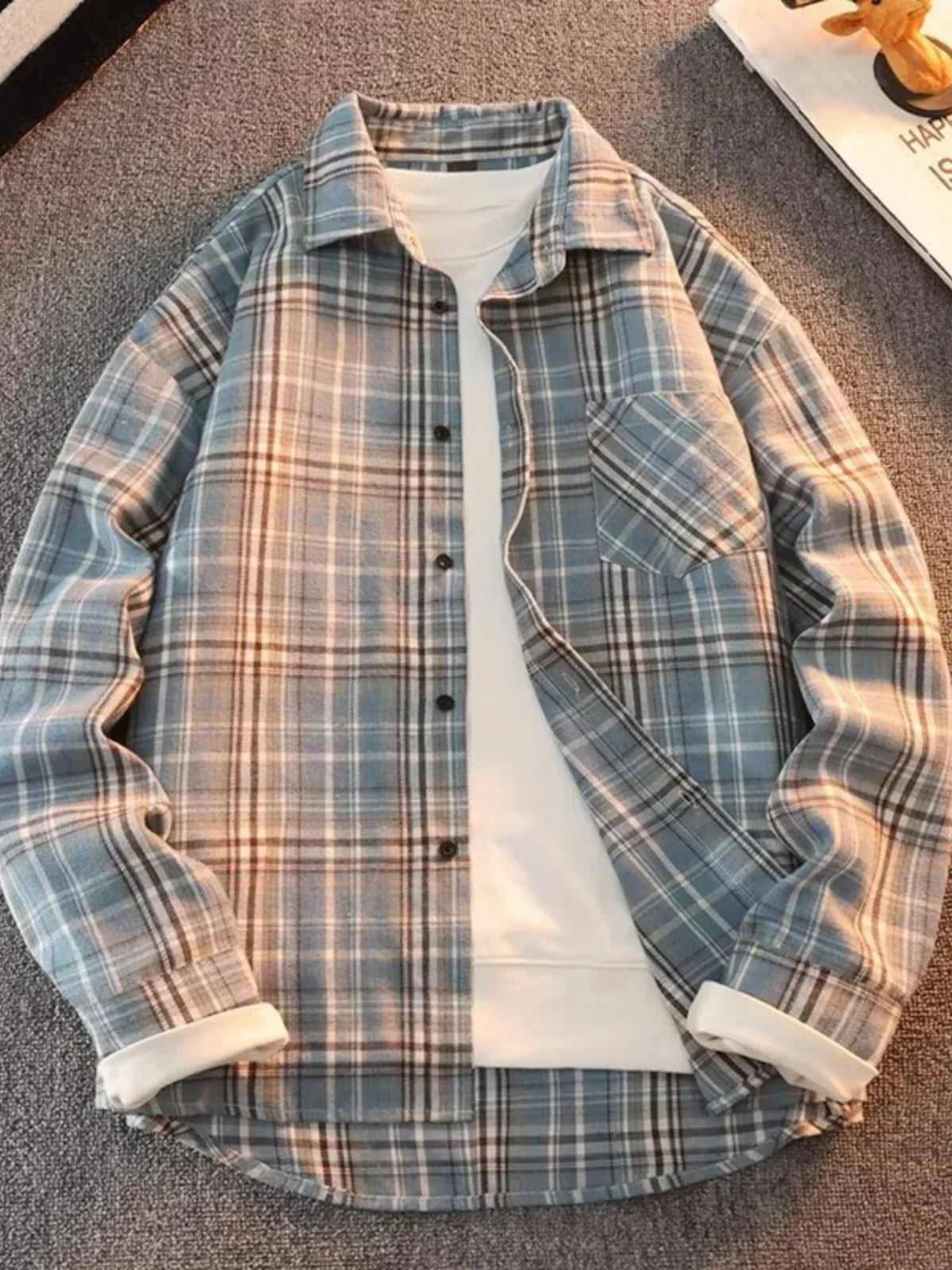 Retro Japanese Plaid Long Sve irt Men's Casual Loose Fit Spring Autumn Wear for Students And Couples Youth Faion