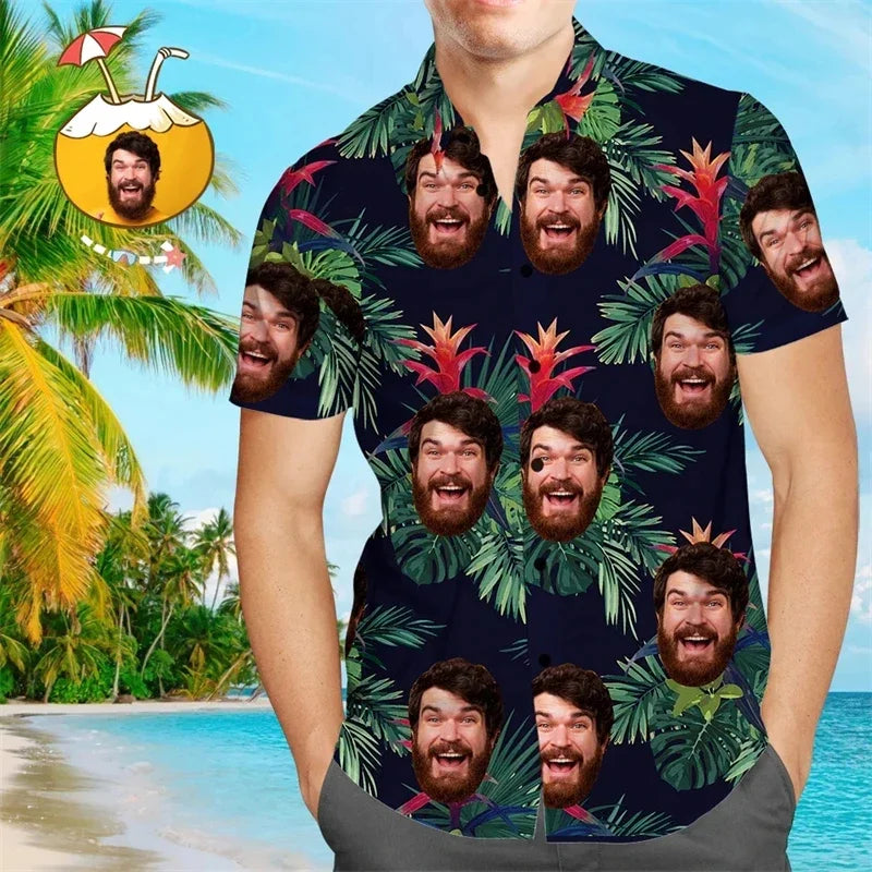 Funy Custom Image Graphic Shirts For Men Clothes Hawaii Diy Photo 3D Print Female Lapel Blouse Personalized Design Short Sleeve