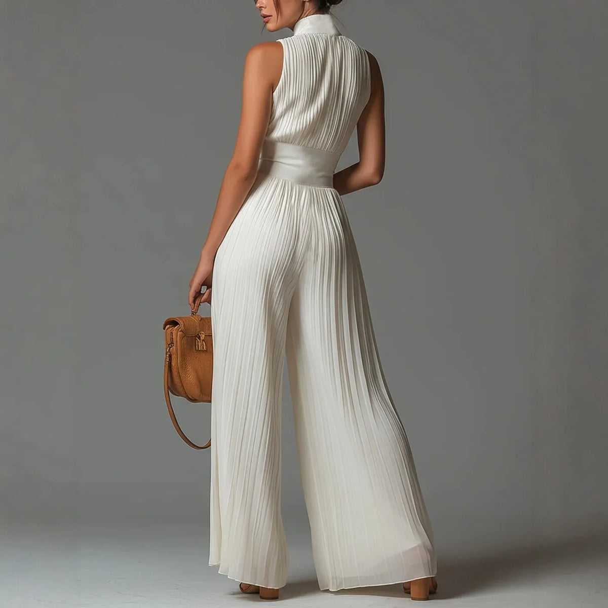 White Pleated Neck Women's Jumpsuit Long Wide Leg Fashionable Sexy Pleated