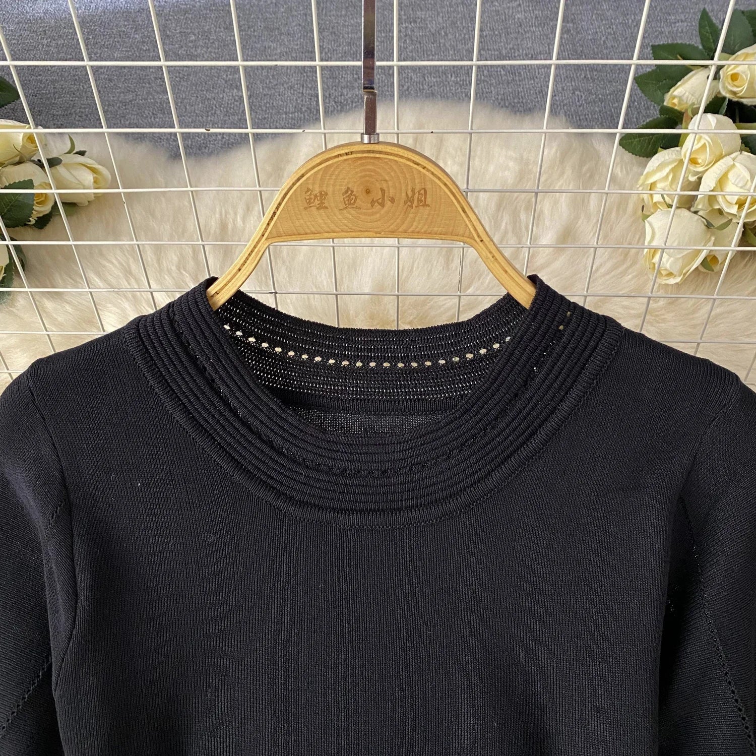 Red Senior Solid Knitting Dress Ladies O-Neck Short Sleeve Hollow Out Design Elastic Knitted Fashion Basic A-Line Dress