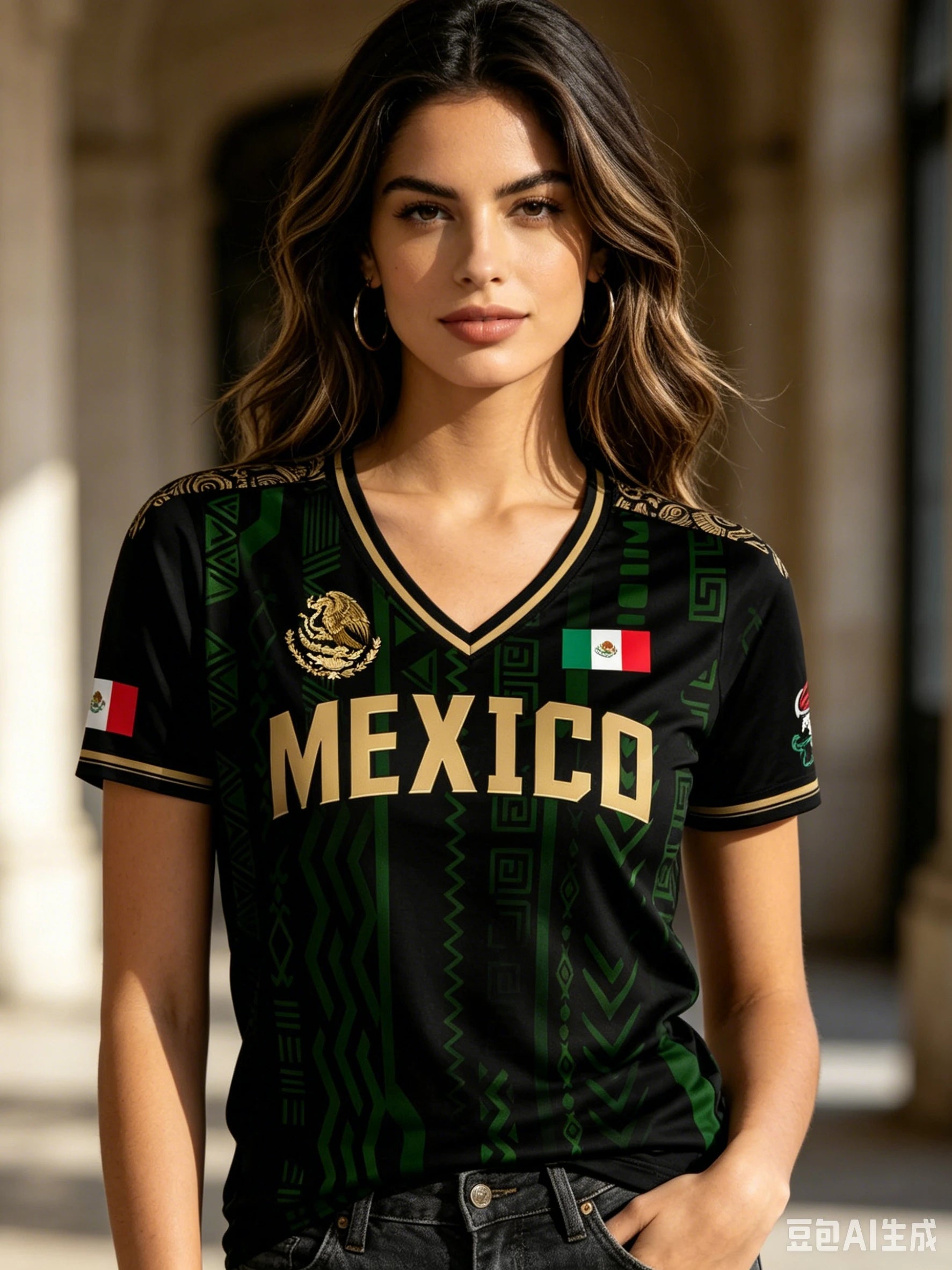 Mexico National Flag 3D Eagle Print Women's T-Shirts Casual V-neck Short Sleeve Tees Fashion Football Fan Summer Female Clothing