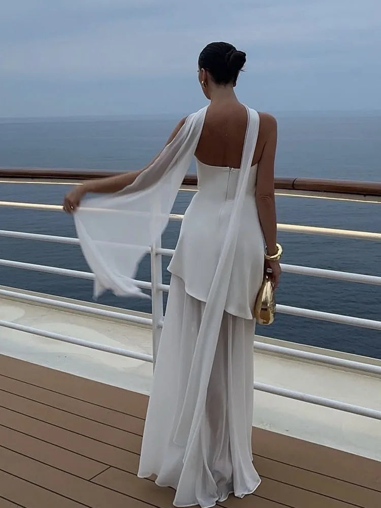 FSMG Elegant Solid Strapless Ribbon Long Dress Fashion Slash Neck Sleeveless Backless Robes Lady Spring Summer Evening Dresses