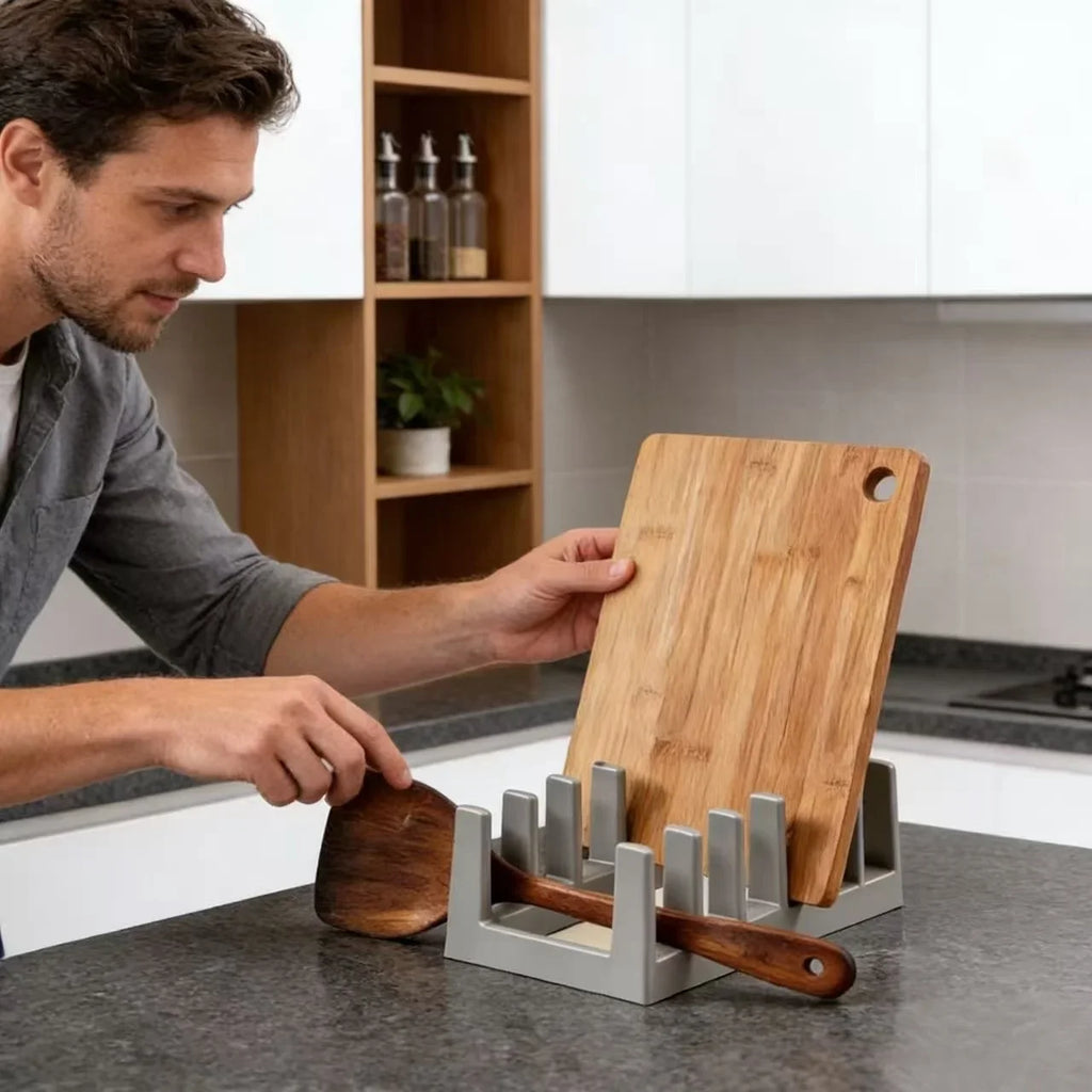 Multifunctional Divided Organizer Rack, Pot Lid Holder, Cutting Board Stand & Desktop Bookshelf for Kitchen & Study