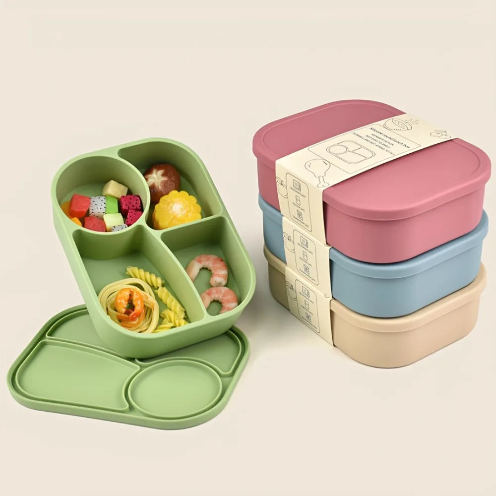 Rectangular Silicone 4 Grid Lunch Box Heat Resistant Leak Proof Lunch Container With Compartments Microwavable Food Box School