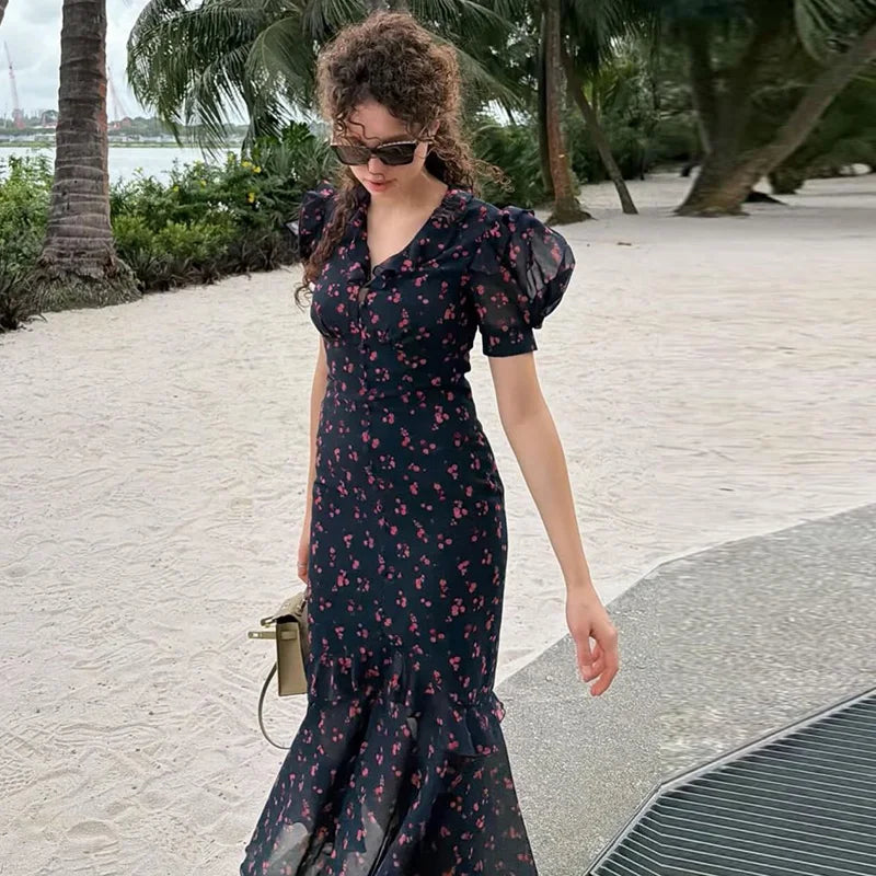 Sexy Print Women Long Dress Urban V-neck Single Breasted Ruffles Half Sleeve Female Dresses 2026 Spring Autumn Lady Robe