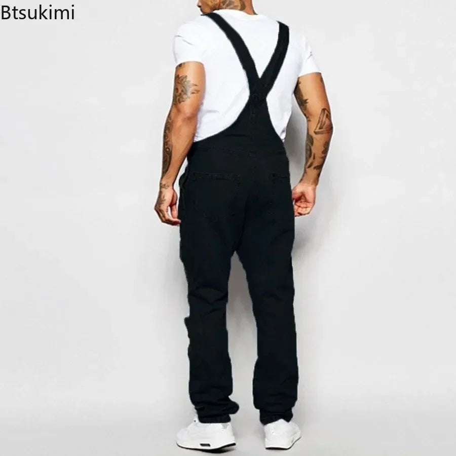 2026 Men's Ripped Denim Overalls Fashion Full Length Suspender Pants Man Jeans High Street Jumpsuit Distressed Casual Trousers