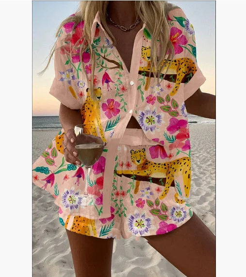 2025 New Summer Vacation Shorts Set 3D Printed Seaside Tropical Casual Lapel Shirt Blouse Top Shorts 2-Piece Suits Beach Holiday