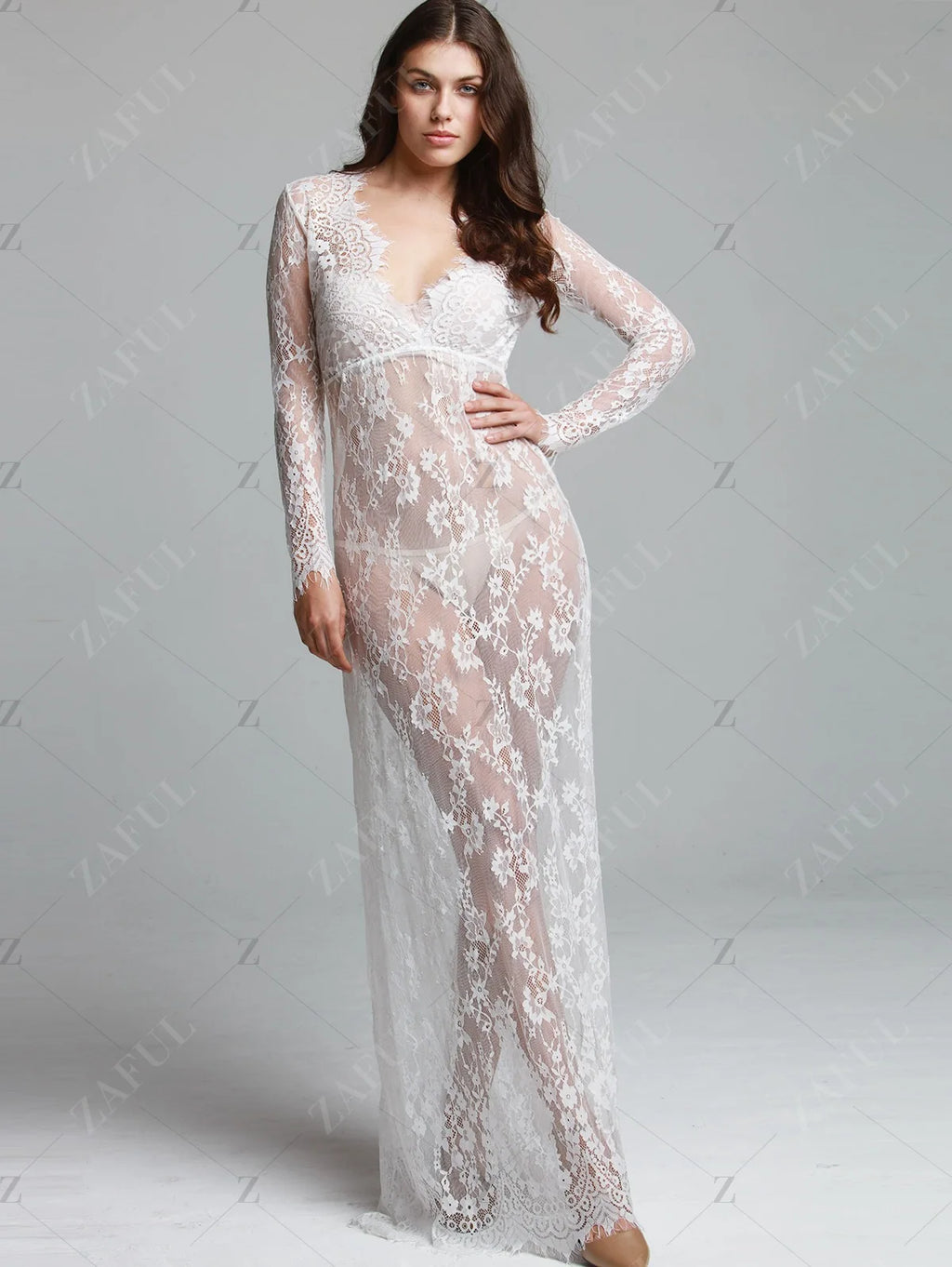 European Style Sexy Deep V Lace Mesh Long Sleeve Bodycon Maxi Dress Trailing Evening Party Dress