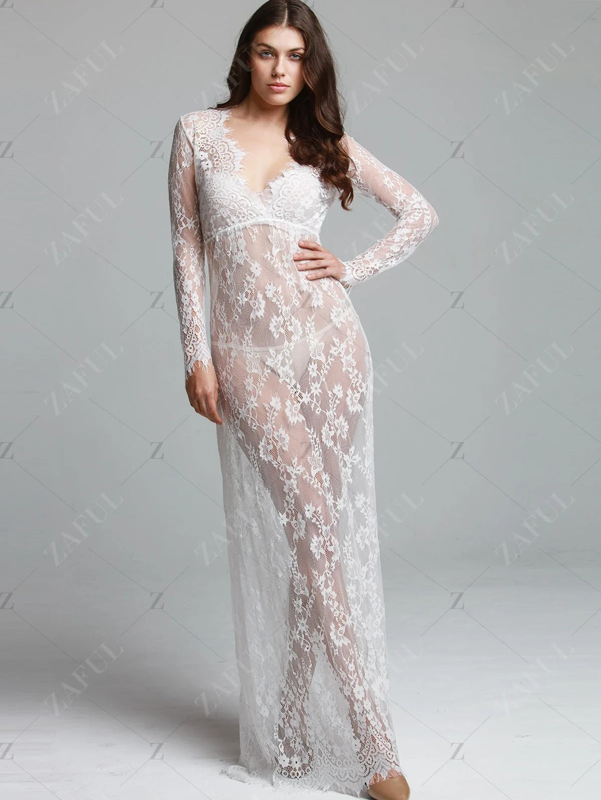 European Style Sexy Deep V Lace Mesh Long Sleeve Bodycon Maxi Dress Trailing Evening Party Dress