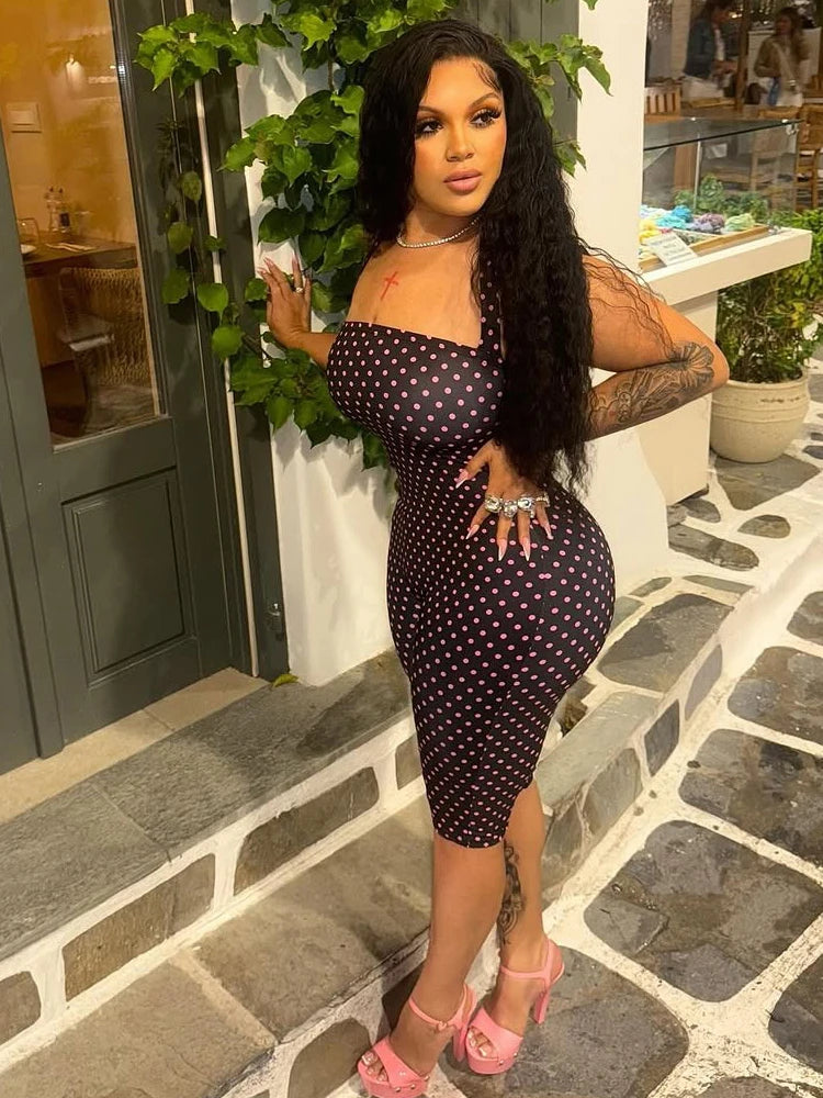 Weird Puss Sexy Backless Rompers Woman Polka Dot Print Bandage Halter Sleeveless Skinny Peach Hip High Street Fashion Playsuits