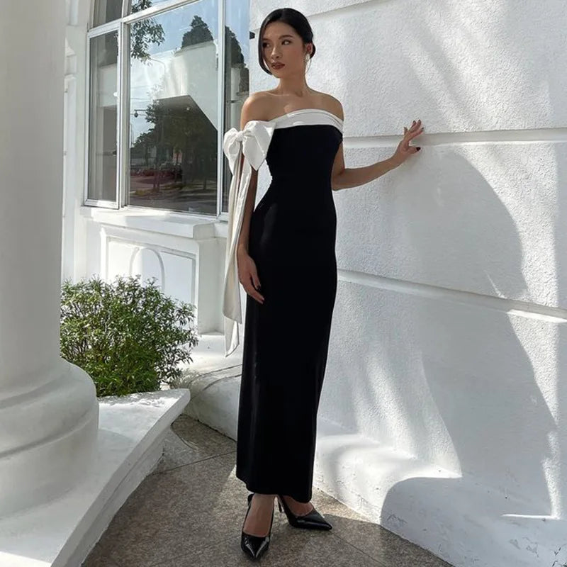 Hmsevenjz Black and White Bow Off Shoulder Long Dress for Women's Summer Sexy Slim Fit Short-sleeved Elegant Dress