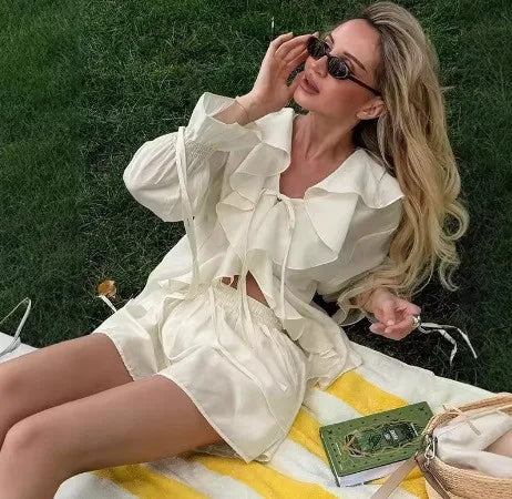 New Casual Shorts Two-piece Set For Women Ruffled Loose Lace-up Top Simple Shorts Suit Office Ladies Summer Women's Shorts Suit