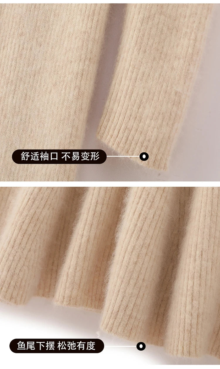 100% Mink Cashmere Knitted Dress Ladies Stand Collar Buckle Long Skirts Retro High Waist Over Knee Slim Dress New Thick Sweater