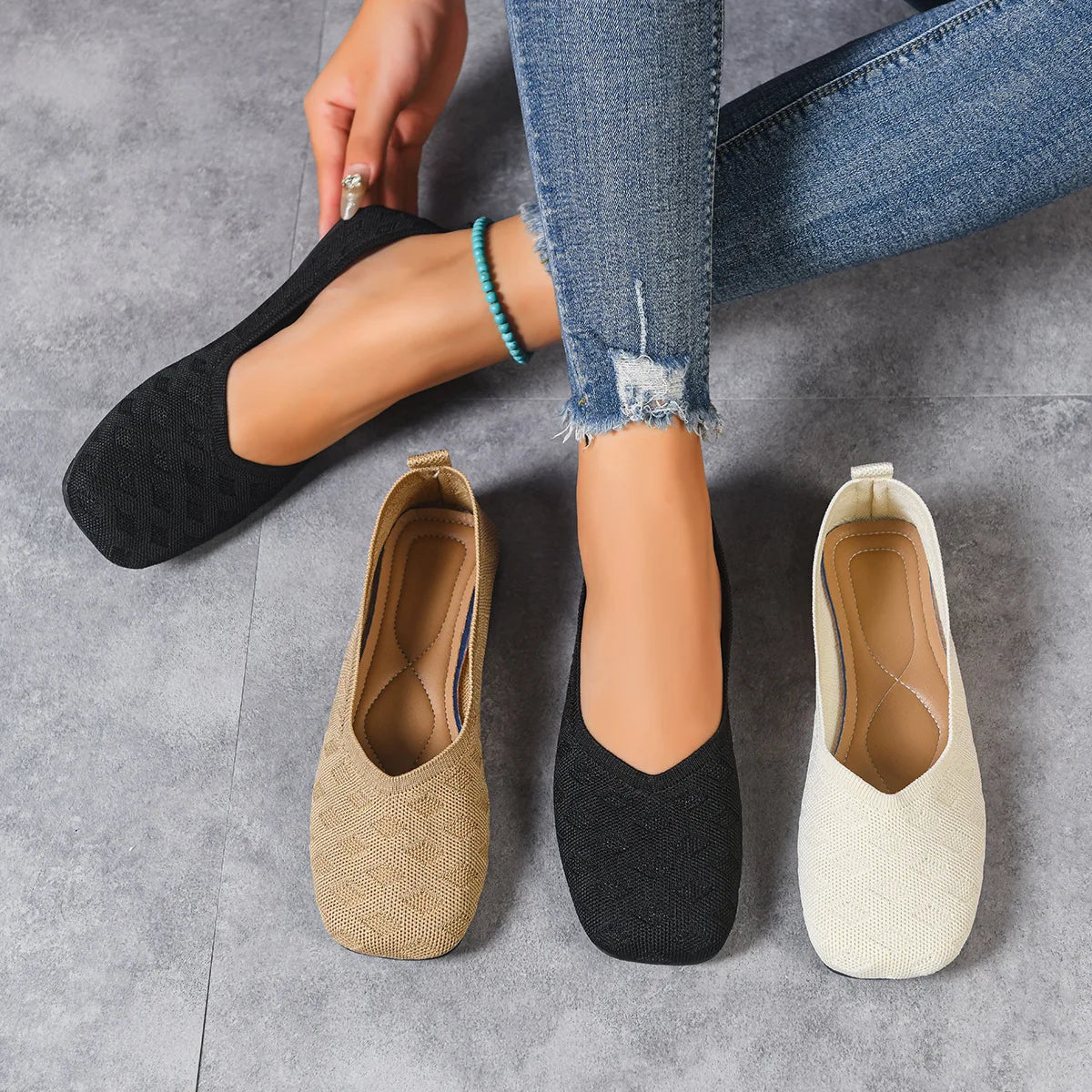 New 2026 Spring/autumn Square Toe Flat Office Boat Solid Color Knitted Slip on Shoes Casual Ballet Flats Shoes Women Loafers