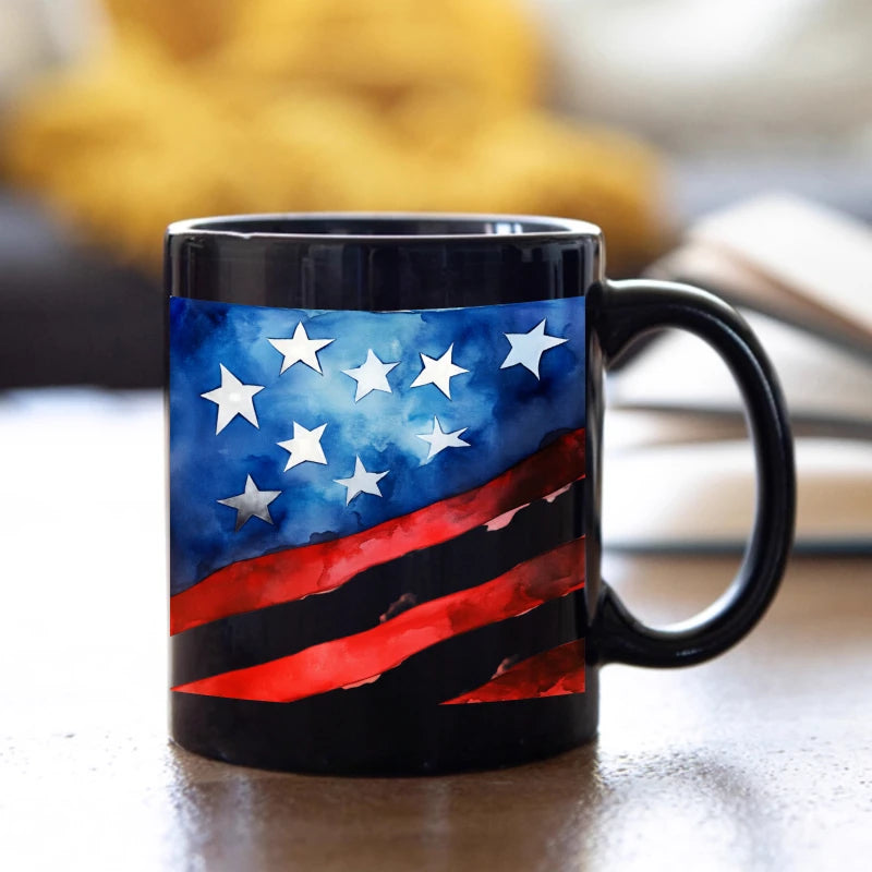 American flag coffee cup, black American flag design, suitable for patriotic activities and daily use