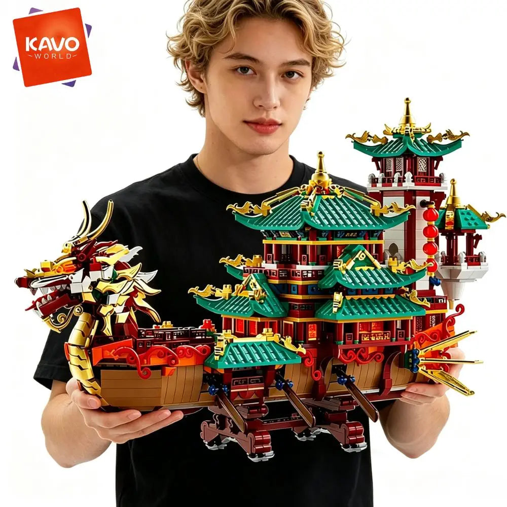 KAVOWORLD 2453pcs Dragon Boat Building Blocks Festival Chinese Ancient Pavilion Ship Display Model with LED Light Traditional DIY Loong Vessel Brick Assembly Puzzle Set Home Ornament Architecture MOC Construction Kit Hallowee