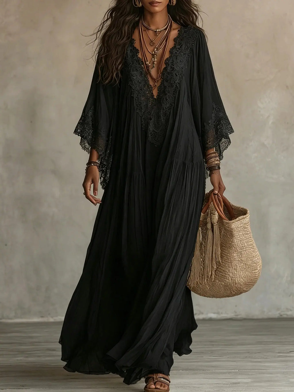 Summer Elegant Solid Dresses Womens Casual Lace Trim V Neck Flowy Maxi Dress Beach Holiday Party Maxi Dresses Robe Vestidos