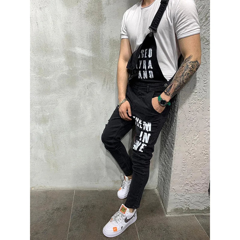 Men Suspenders Denim Jumpsuit Letters Denim Trousers Fashion Overalls Men's Ripped Denim Printed Jeans Men Streetwear