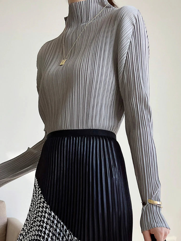 Miyake Pleated Long Sleeves Tops Fall 2025 Winter Korean Fashion Women Classic Solid Color Turtleneck Casual Elegant T-shirt