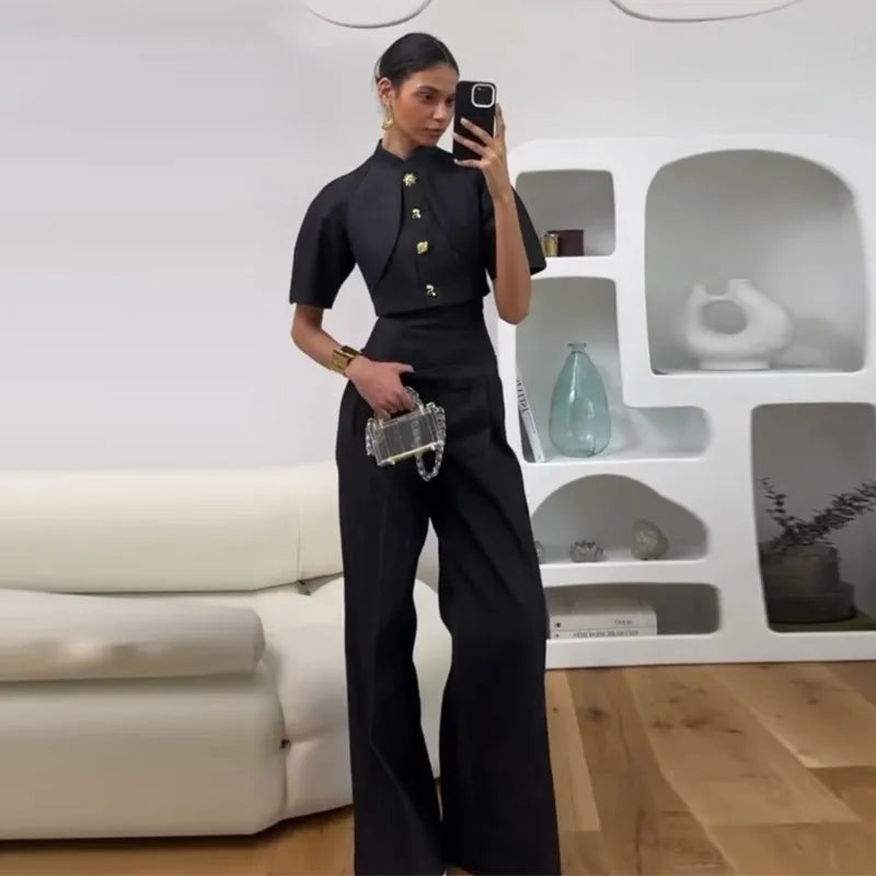 Street Denim Top Pants Women Set Short Sleeve Stand Collar Coats Wide Leg Trousers 2026 Summer Autumn 2 Pieces Set Women New