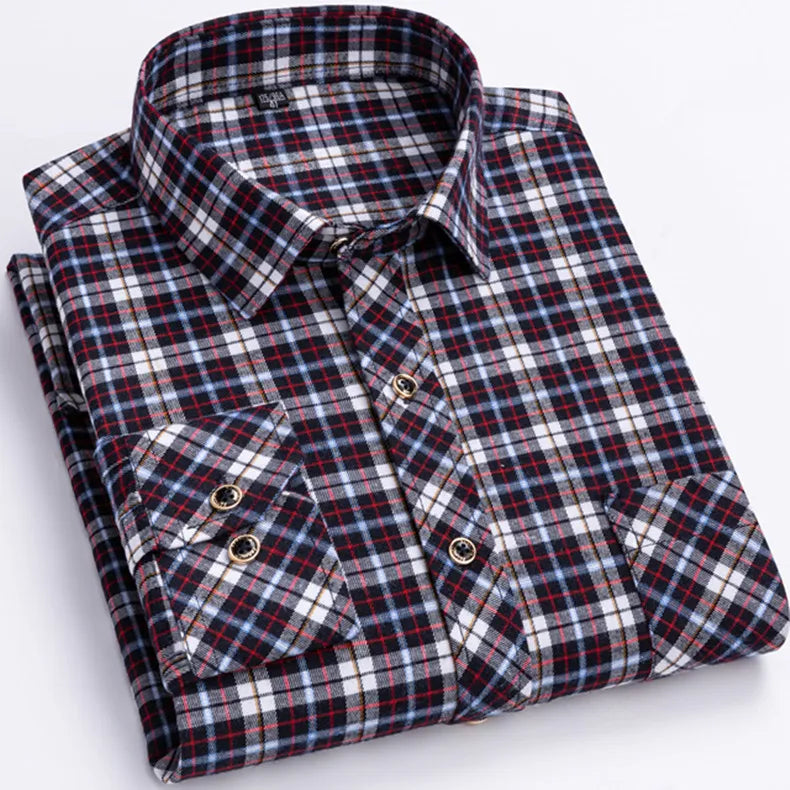 New Fashion Shirts For Men's Long Sleeve Spring Autumn Soft Regular-fit Brushed Single Pocket Checked Comfort Casual Plaid Shirt