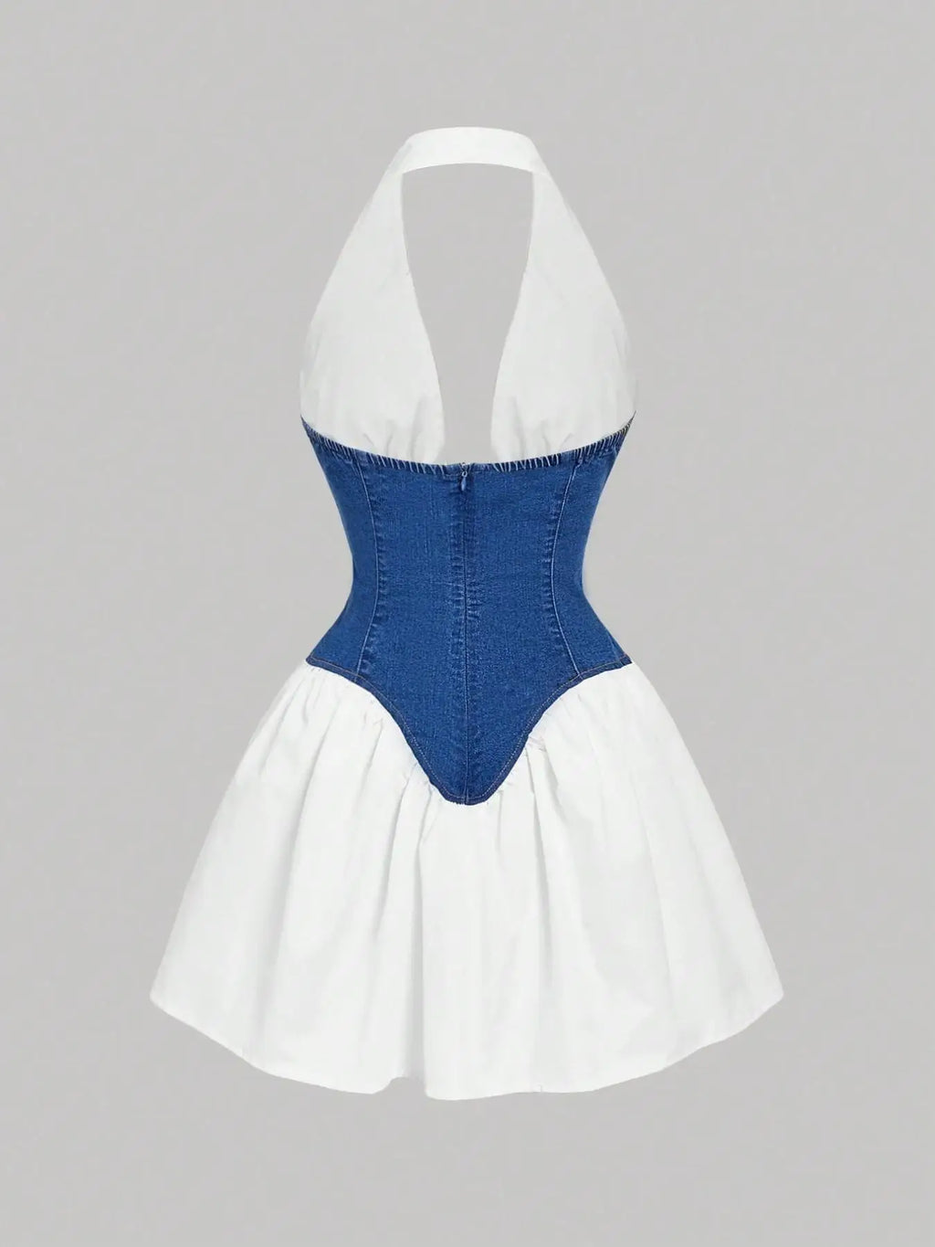 American Style Backless Denim Dress, Zippered Waist Cinching, Flared Hem, Sleeveless Short Dress, Fashionable Spring & Fall