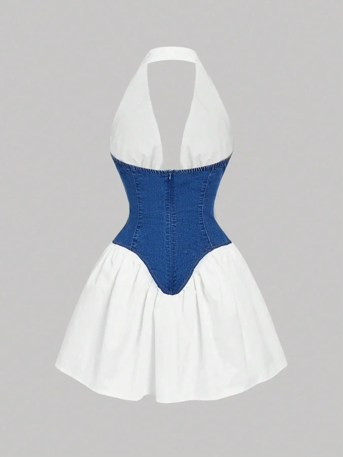American Style Backless Denim Dress, Zippered Waist Cinching, Flared Hem, Sleeveless Short Dress, Fashionable Spring & Fall