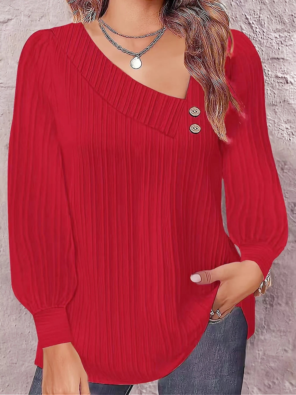 Women's Asymmetric V-Neck Ribbed Long Sleeve Blouse with Decorative Buttons, Casual Loose Fit Textured Top for Fall & Winter Dai