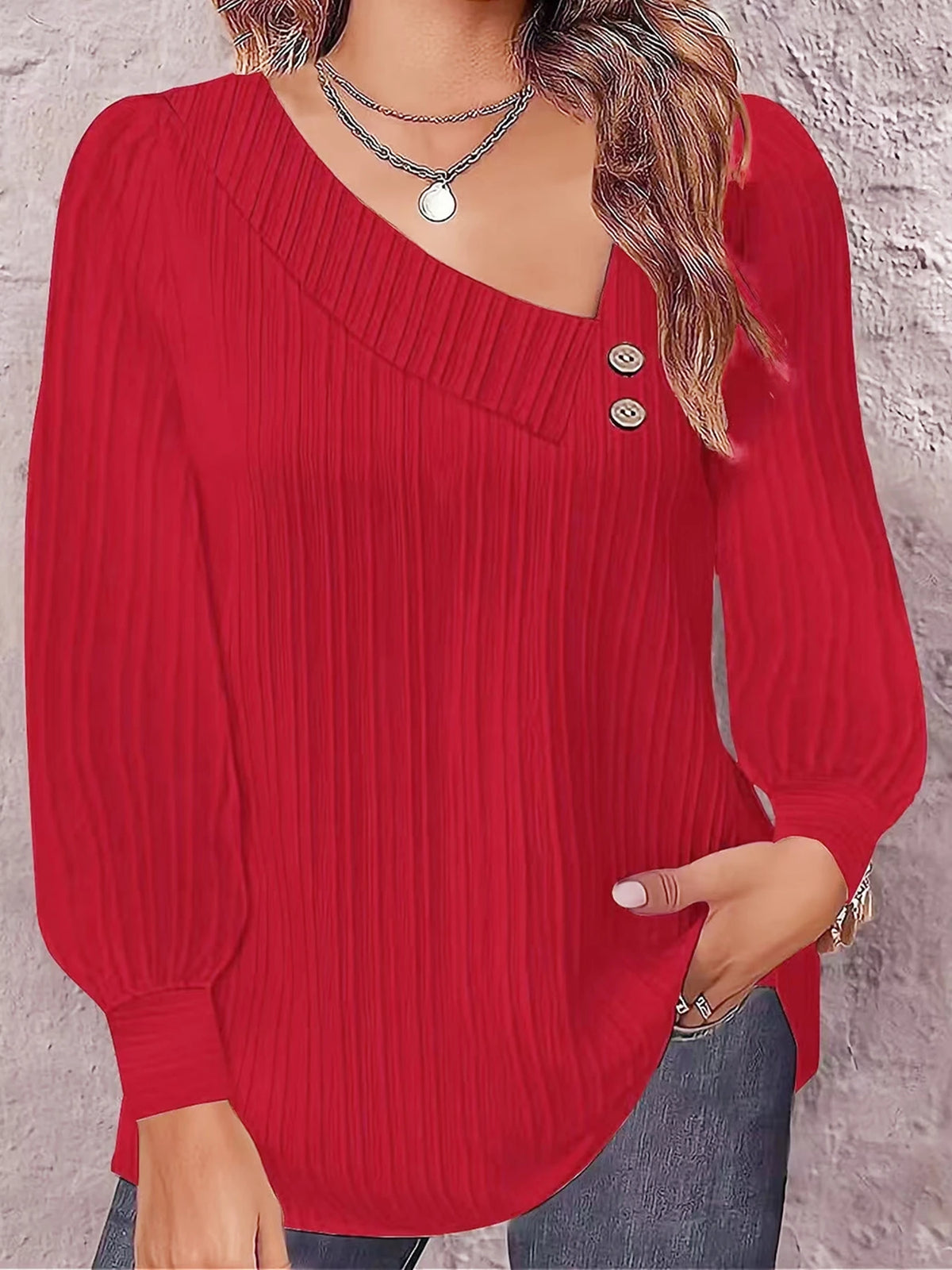 Women's Asymmetric V-Neck Ribbed Long Sleeve Blouse with Decorative Buttons, Casual Loose Fit Textured Top for Fall & Winter Dai