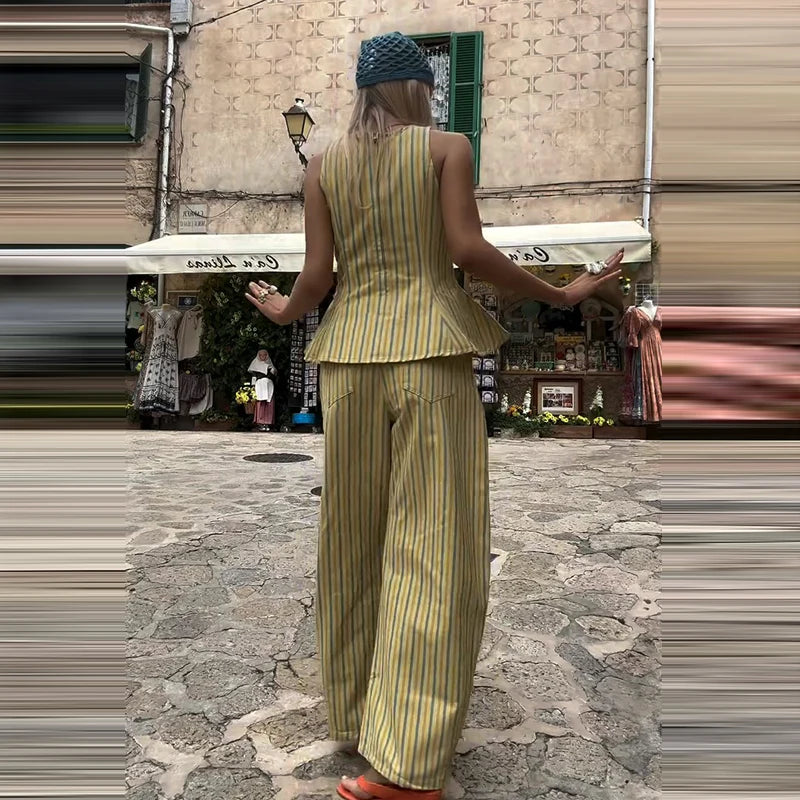 Casual Striped Pleated Vest Pants Women's Set Elegant Sleeveless O-neck Top Wide Leg Trousers 2026 Summer Vacation Lady Outfit