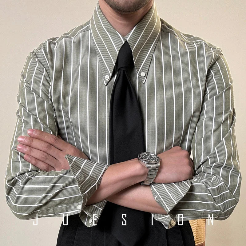 Anti-wrinkle Tianshan Cotton Italian Long Point Collar White Striped Shirt Men's Long Sleeve Casual Business Shirt