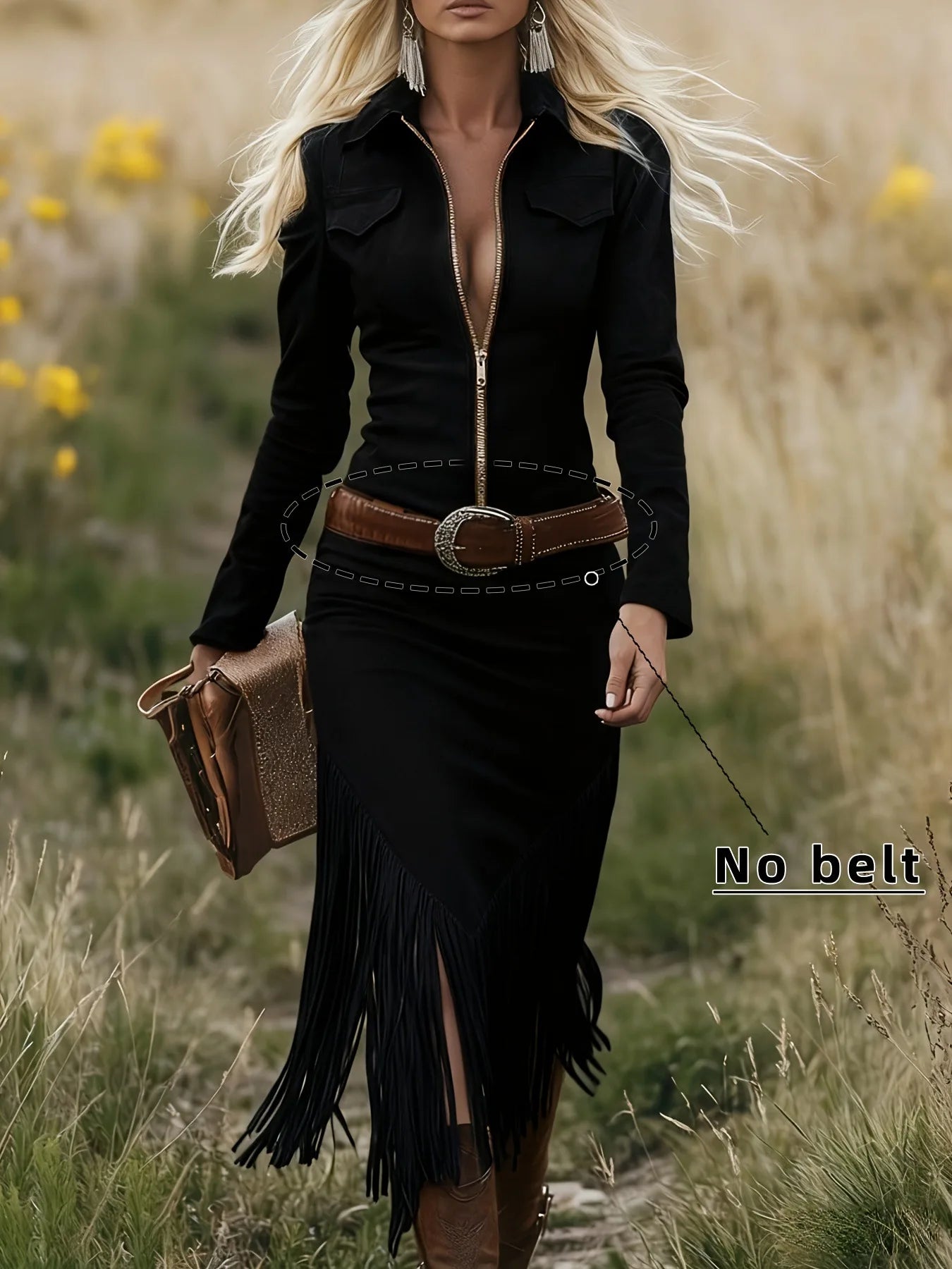 Denim Suede Fringed Slim Fitting Western Long Sleeved Dress