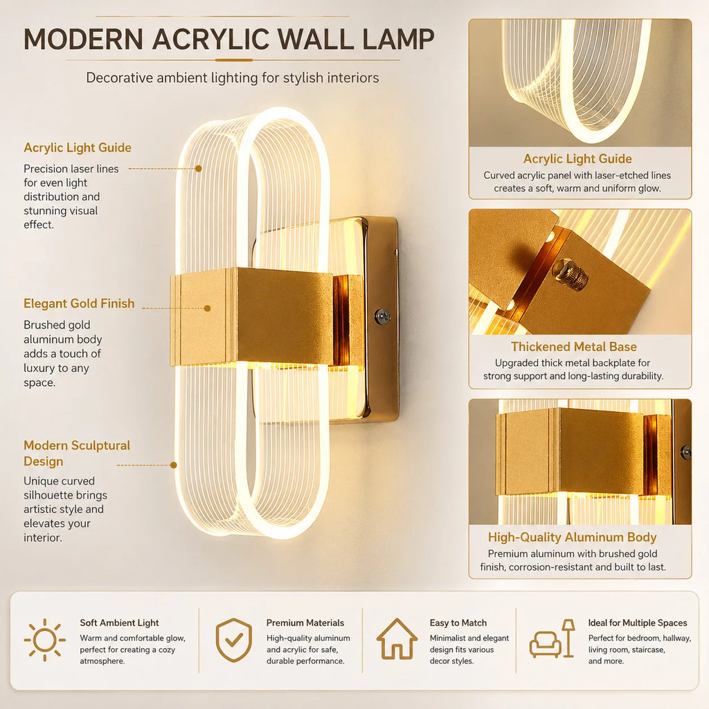 Modern LED Wall Lights with Golden Nordic Style Lighting Fixtures Suitable for Corridors, Dining Rooms, Living Rooms, Bathrooms