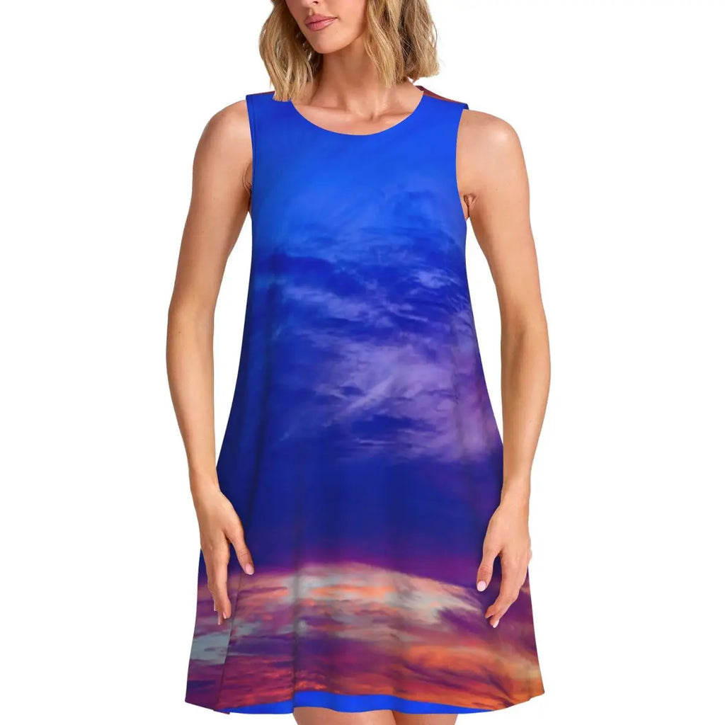 Ocean Sunset Casual Dress Palm Tree Print Sleeveless Elegant Dresses Ladies O Neck Simple Dress Day Print Clothing Birthday Gift