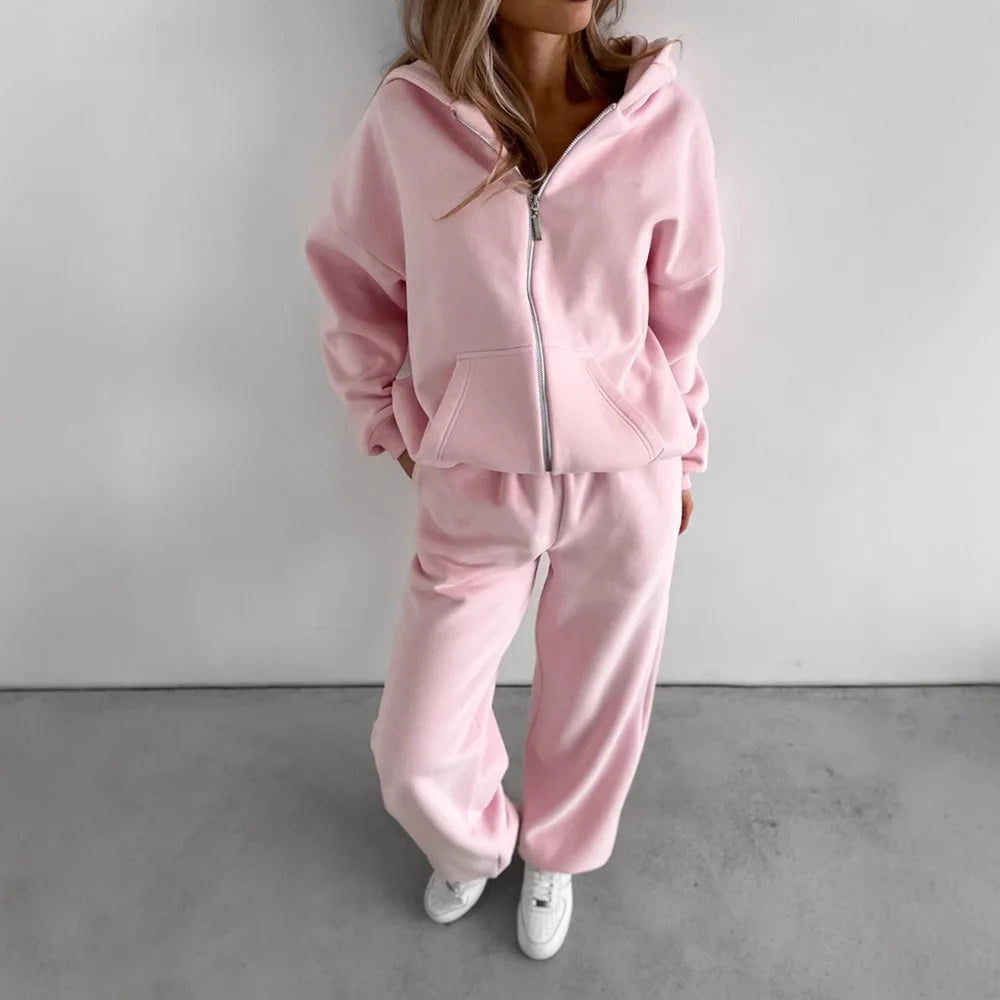 Women's Casual Suit Solid Color Long Sleeve Hooded Cardigan Pocket Sweater Elastic Pants Two-piece Set