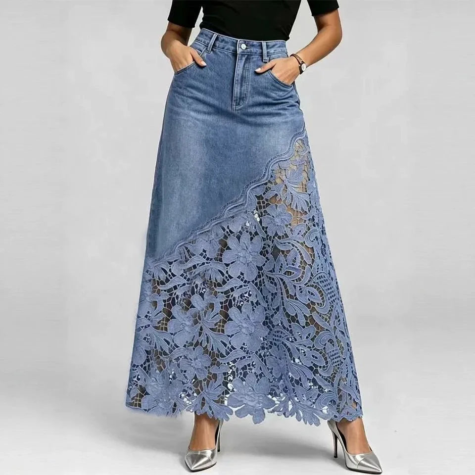 Washed Denim Lace Trim Pencil Skirt Long Bodycon Skirts Spring Summer