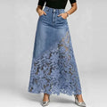 Washed Denim Lace Trim Pencil Skirt Long Bodycon Skirts Spring Summer