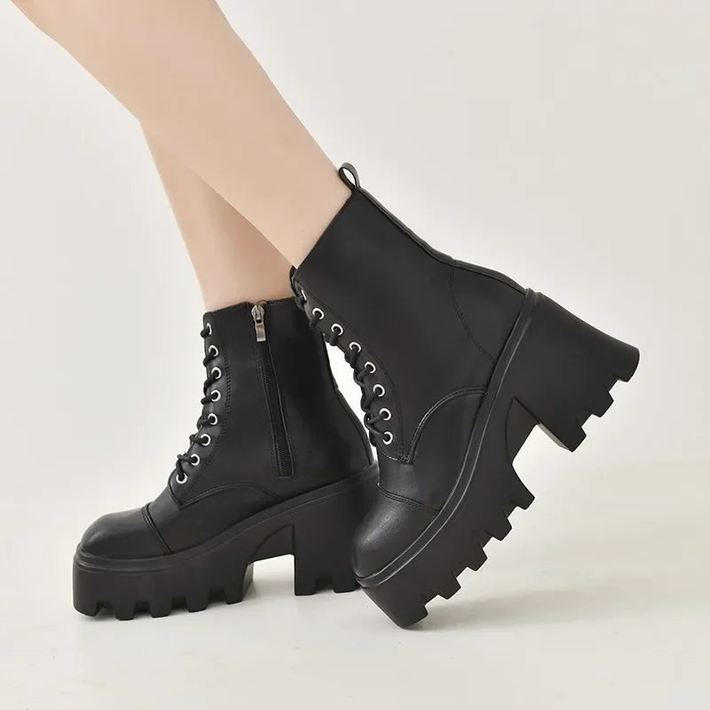 2024 Winter Plus Size Shoes for Women Side Zip Women's Ankle Boots Platform Square Heel Ladies Boots Lace-up Shoes Female