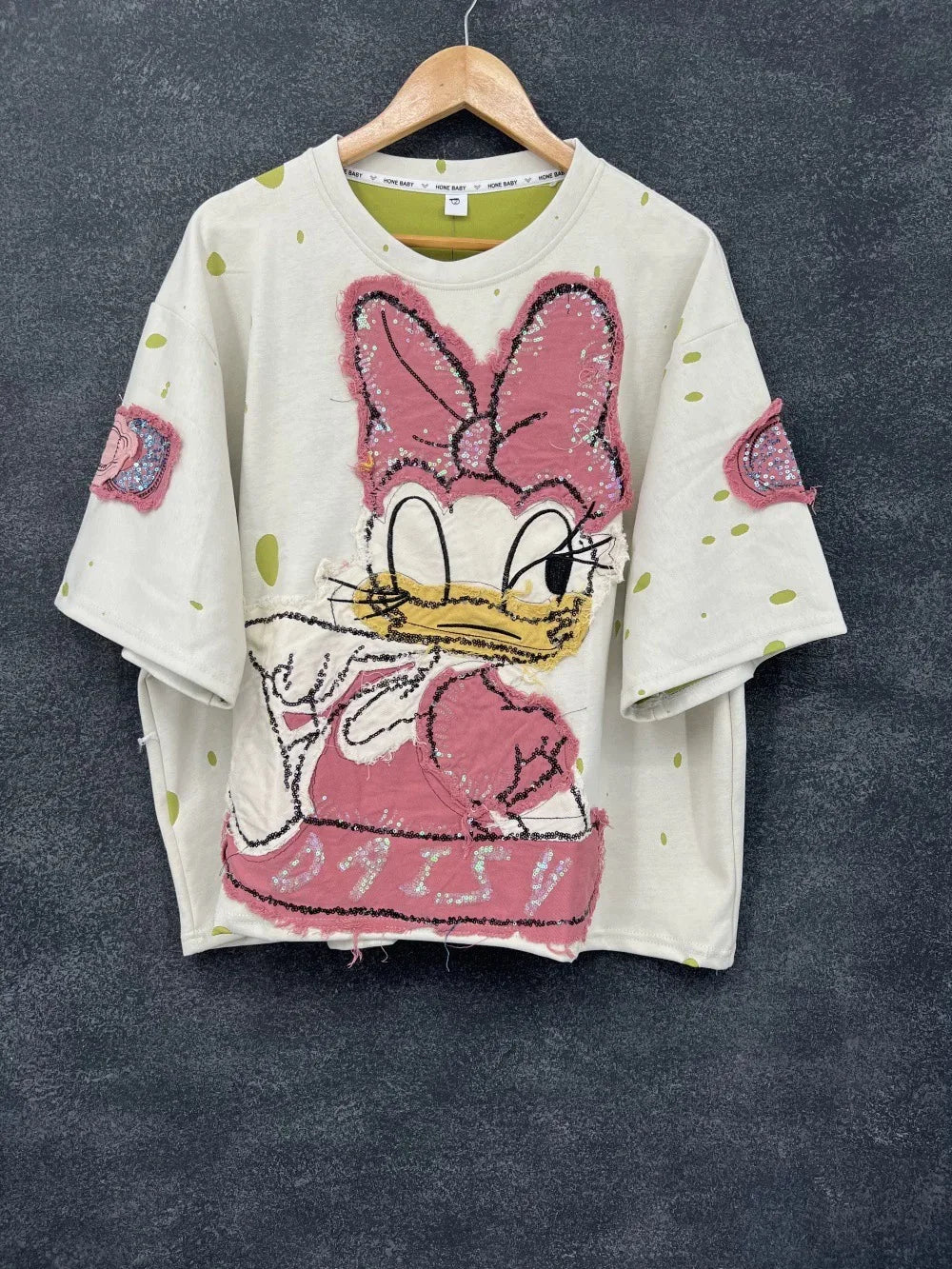 European and American style loose women's T-shirt short sleeved Daisy cartoon printed embroidered hole design top