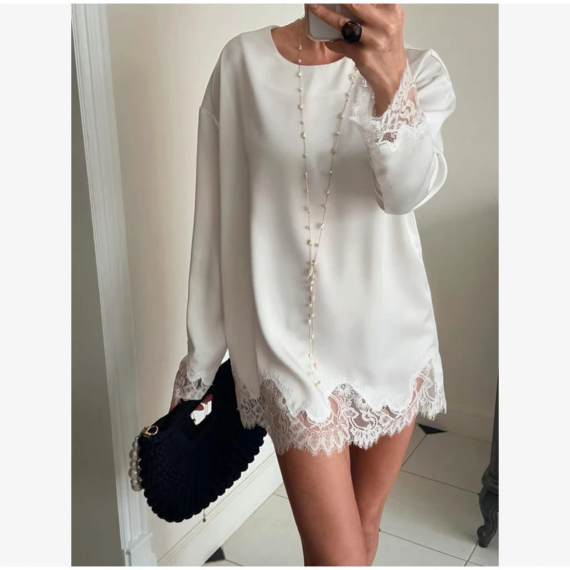 Satin Lace Patchwork Dress Women Long Sleeve O-neck Casual 2026 Spring Female Dresses Casual Solid Beach Robe Not Contain Pearls