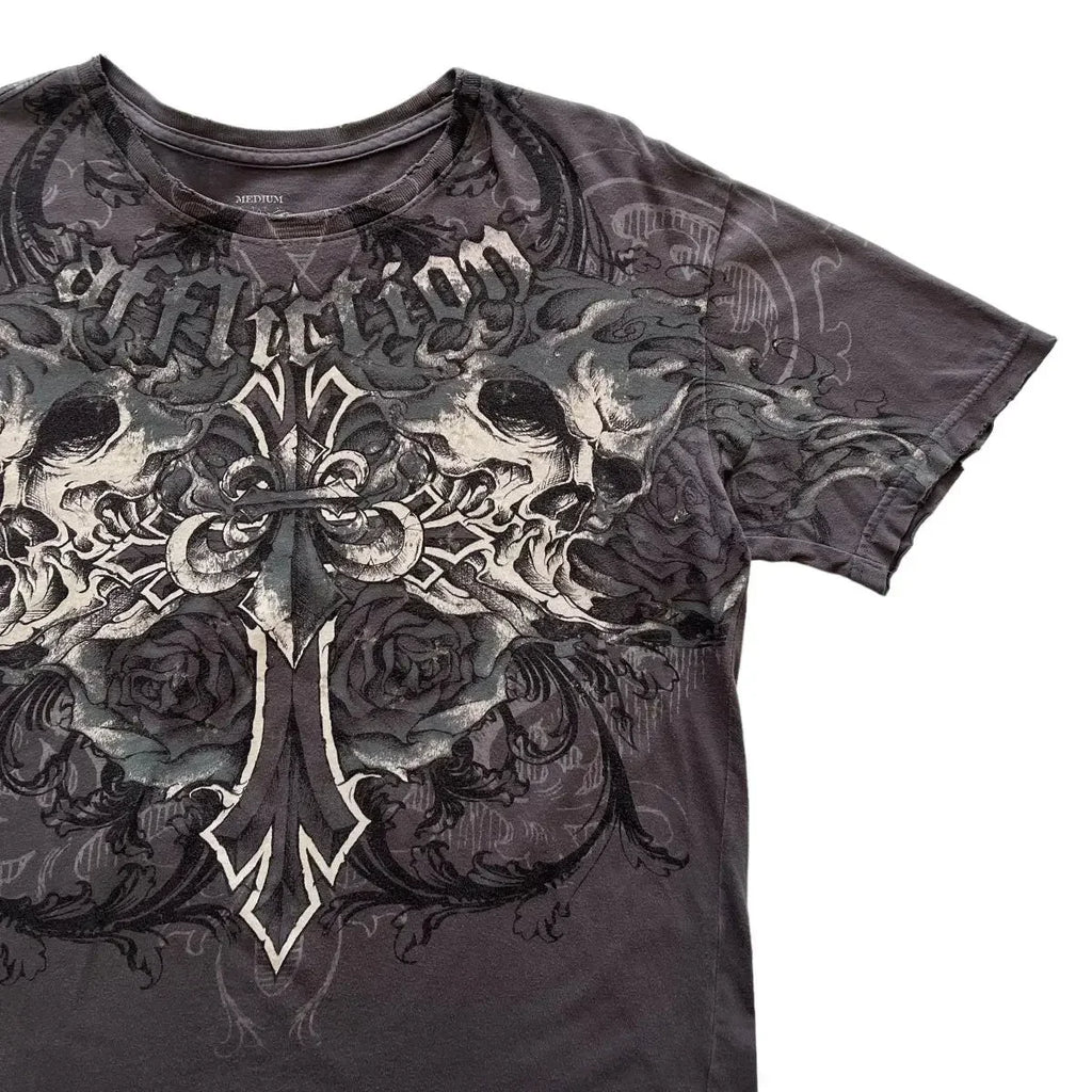 Affliction New Men Polo shirt Skull Graphic Harajuku Round Neck Oversized T Shirt Short Sleeve Tops Gothic Clothing Street Wear