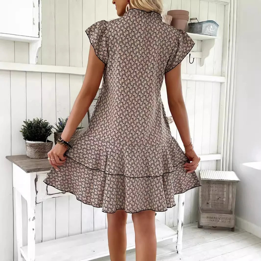 2025 Elegant Women's Casual Loose Ruffle Mini Dress Bohemian Printed V-neck Lace-up Small Flying Sleeve Dresses For Women S-3XL
