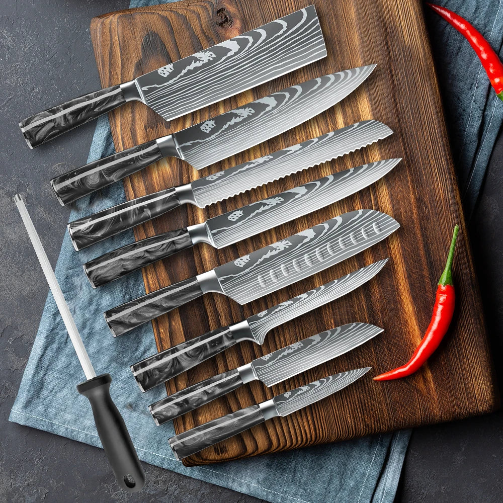 8PCS Utility Kitchen Knifes Resin Handle Carbon Steel Chef Knives Meat Cleaver Fruit Vegetable Slicing  Knife Cooking Tool