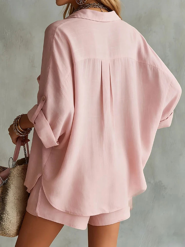 Women Spring Summer Casual Lapel V Neck Shirt Top And Shorts Two-Piece Sets Elegant Holiday Outfits Solid Ladies 2PC Loose Suits