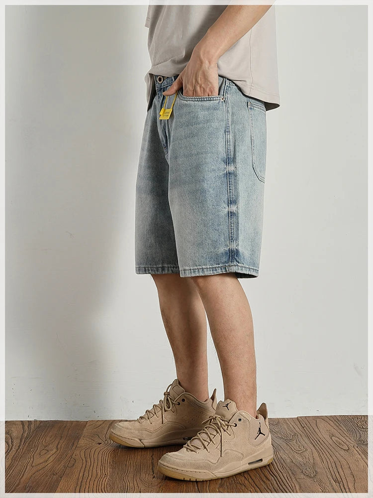 Retro classic summer casual medium pants five quarter pants fashion loose straight leg light denim shorts men's fashion