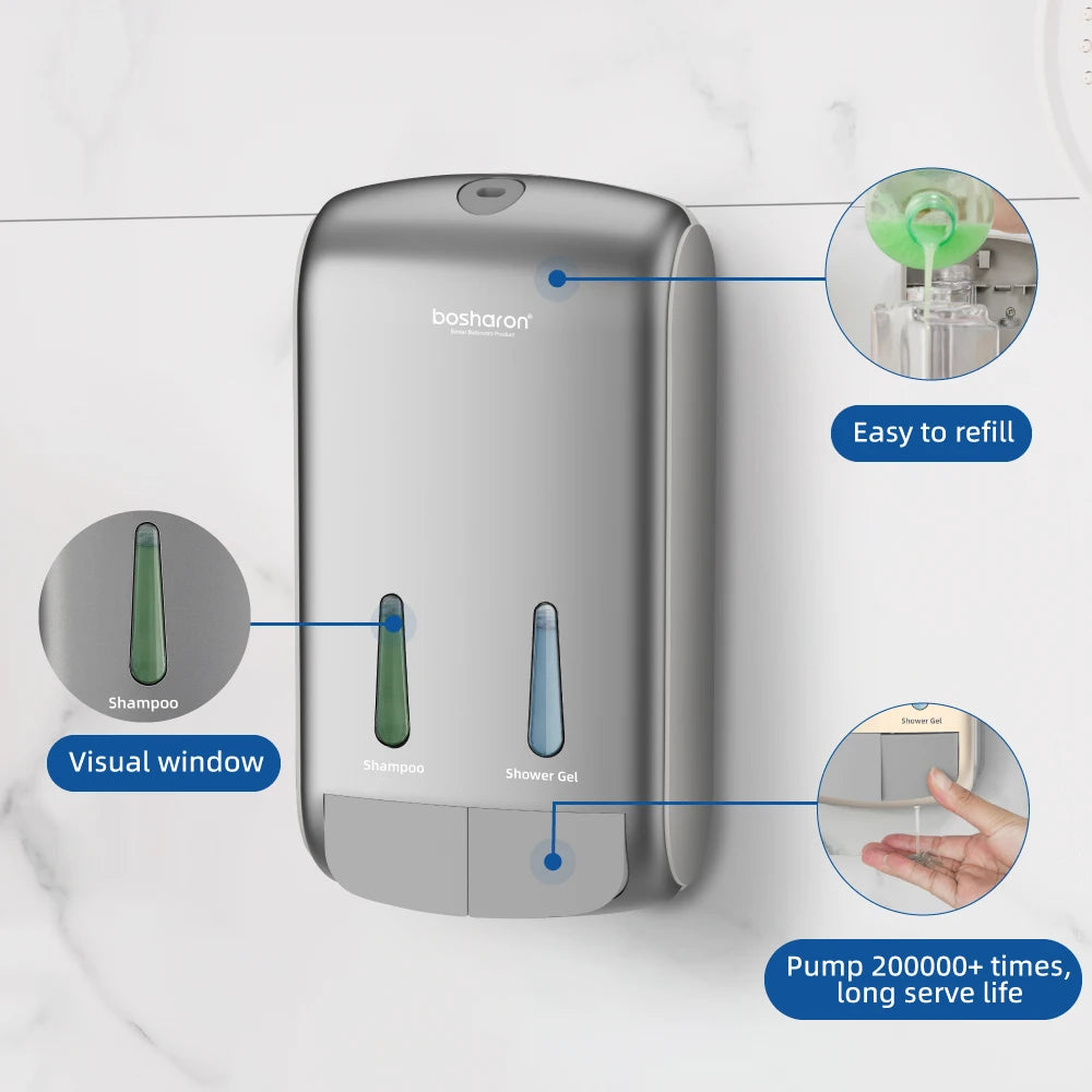 2-in-1 Shower Shampoo Soap Dispenser No Drill Wall-Mounted Shower Pump Soap Dispenser 2 Chamber Body Wash Dispenser for Bathroom
