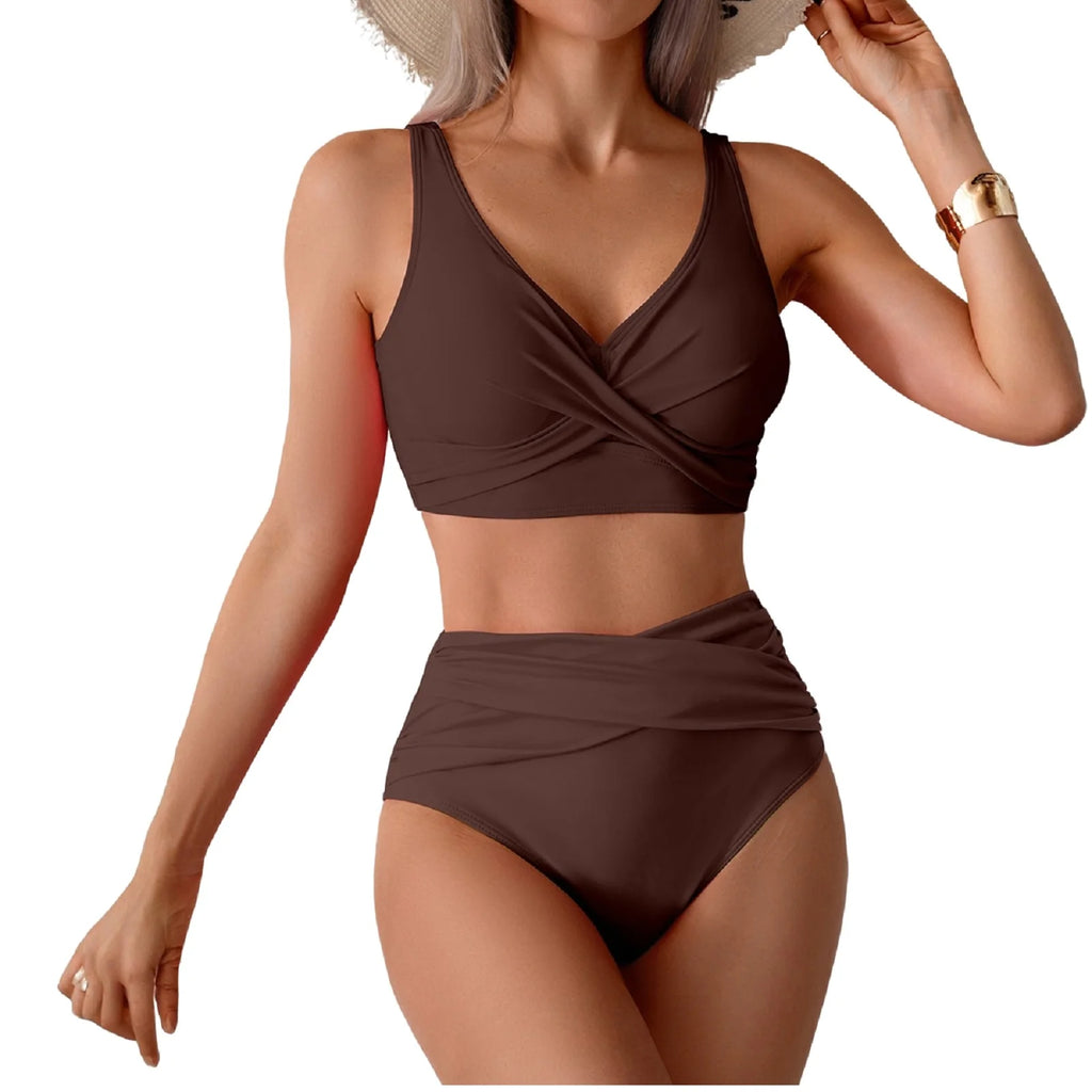 Women Sexy Bikini Summer Twist Front Ruched High Waisted Two Piece Beach Slimming Vacation Swimwear Bathing Suit